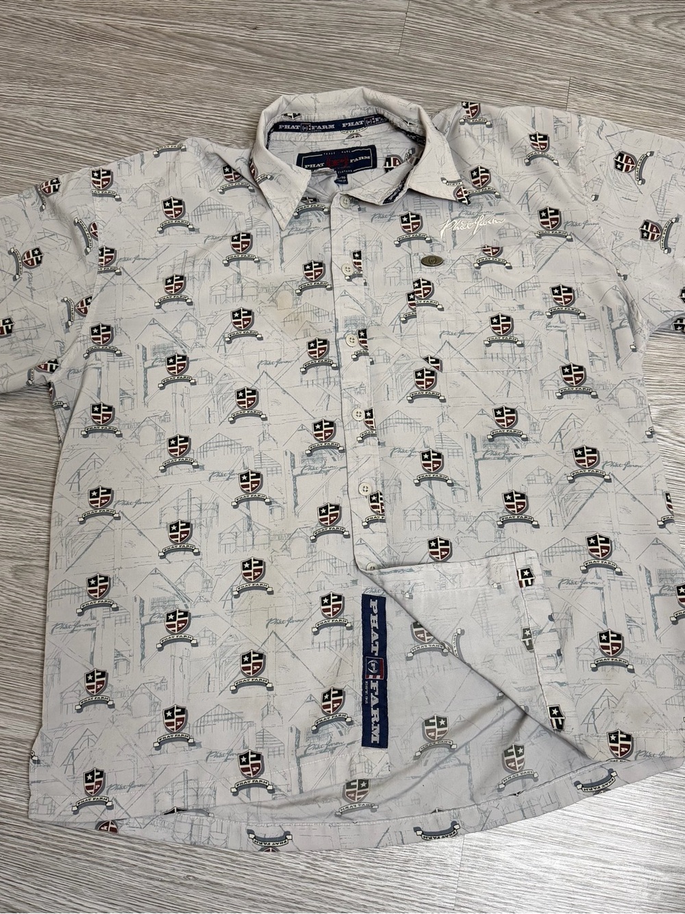 Vintage 90s Phat Farm Button Up Shirt Mens Sz XL AOP Logo Print Hip Hop Y2K
